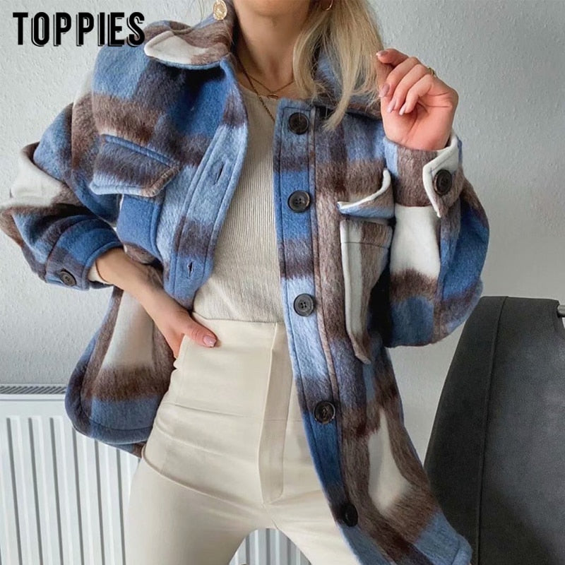 fashion women plaid shirt jacket vintage brushed fur coat loose oversize jacket clothes women