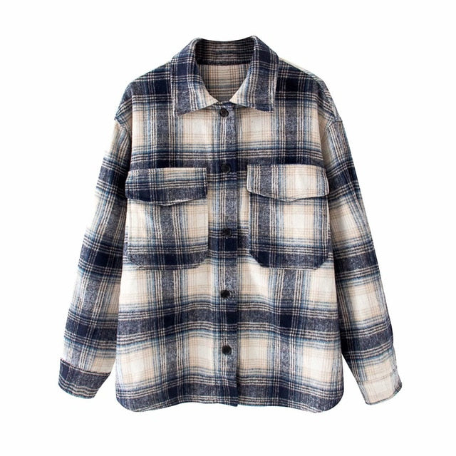 fashion women plaid shirt jacket vintage brushed fur coat loose oversize jacket clothes women