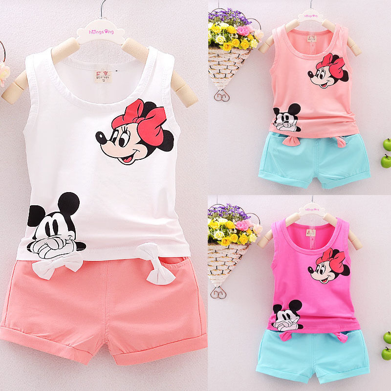 Summer Toddler Girls' Clothes Minnie Mickey Sleeveless T-shirt Vest Tops+Short Pant 2PCS Outfits Set Children Kid Girl Clothing