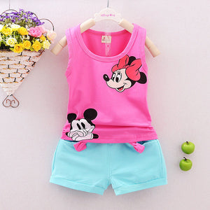 Summer Toddler Girls' Clothes Minnie Mickey Sleeveless T-shirt Vest Tops+Short Pant 2PCS Outfits Set Children Kid Girl Clothing