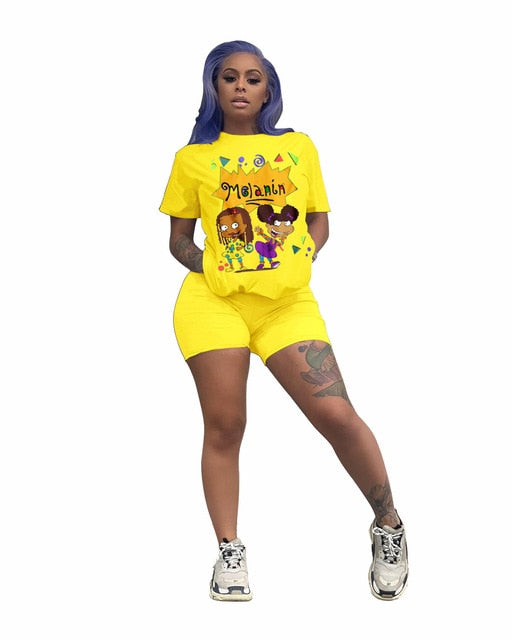 Fitness Biker Shorts Set Lounge Set Tracksuit Women Summer Clothes Two Piece Set Cartoon Print Crop Top Jogging Femme 2020