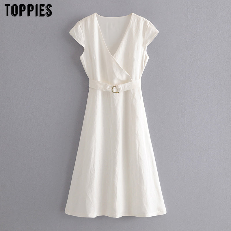 toppies white cotton and linen dress womens short sleeve v-neck midi dress plus size fashion clothes