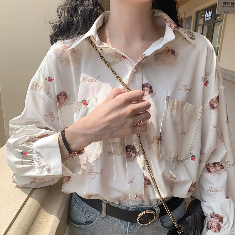 Deeptown Harajuku Angel Print Womens Shirt Vintage Elegant Blouse Women Spring 2020 Lantern Sleeve Female Clothes Loose BF Shirt