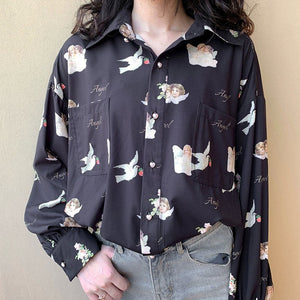 Deeptown Harajuku Angel Print Womens Shirt Vintage Elegant Blouse Women Spring 2020 Lantern Sleeve Female Clothes Loose BF Shirt