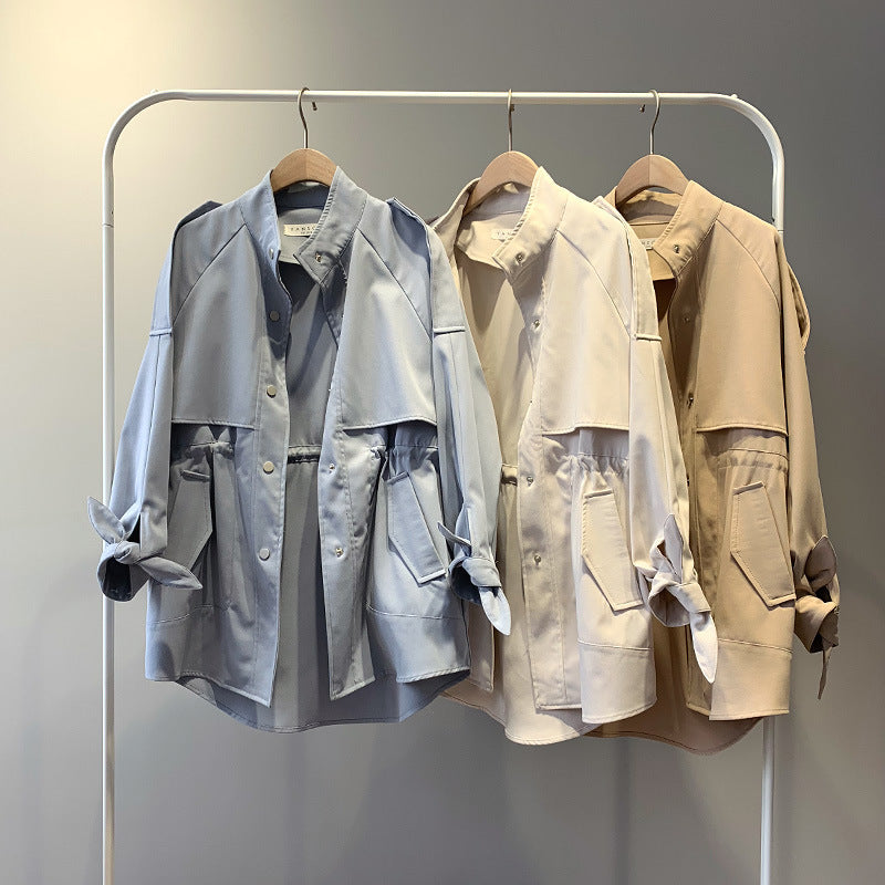 Fashion Trench Coats Female Spring Windbreaker Drawstring Coats Casual Loose Safari Clothes Stand Collar 2020 Women Short Trench