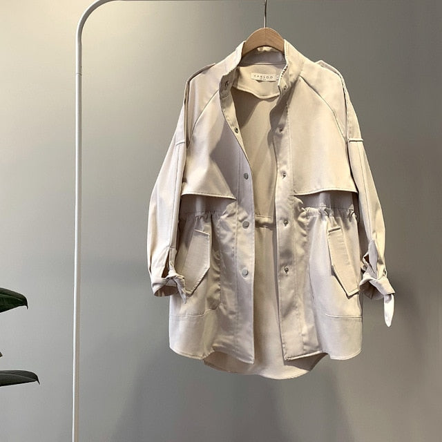 Fashion Trench Coats Female Spring Windbreaker Drawstring Coats Casual Loose Safari Clothes Stand Collar 2020 Women Short Trench