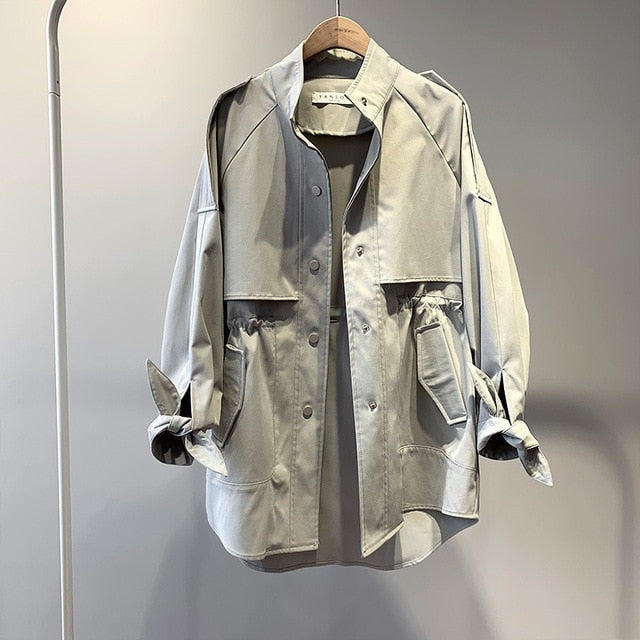 Fashion Trench Coats Female Spring Windbreaker Drawstring Coats Casual Loose Safari Clothes Stand Collar 2020 Women Short Trench