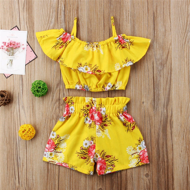 JESSIC 2Pcs Baby Girls Clothes Set Ruffles Royal Yellow Floral Straps Tops And Shorts Outfits Toddler Clothing