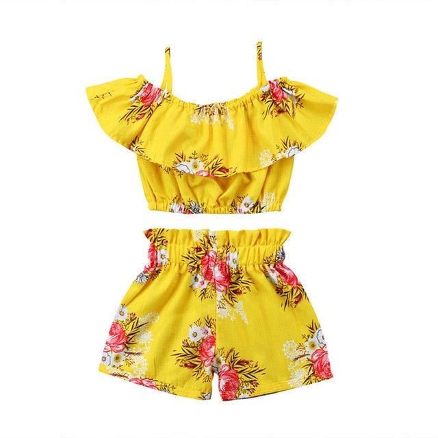 JESSIC 2Pcs Baby Girls Clothes Set Ruffles Royal Yellow Floral Straps Tops And Shorts Outfits Toddler Clothing