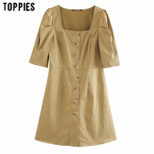 toppies vintage khaki mini dress short sleeve sexy square collar summer dress front button vacation clothes women