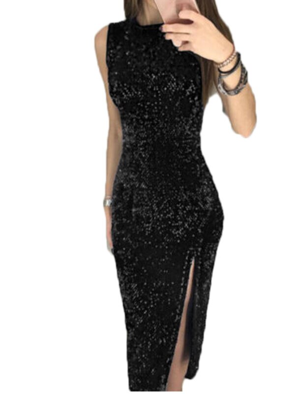 Fashion Women Crew neck Sexy Sleeveless Split Party Glitter Sequins Formal Dress Women Clothes